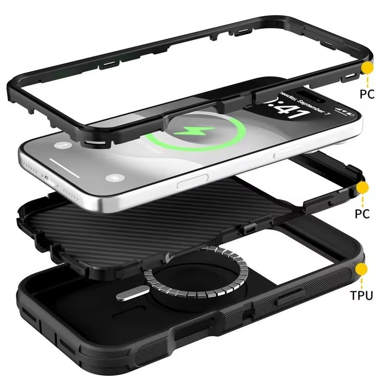 Premium iPhone Case Magnetic Protective Cover Rugged Defender Shockproof Armor Dual Layer Belt Clip Holder Full Port Protection Anti Slip Grip Heavy Duty Design