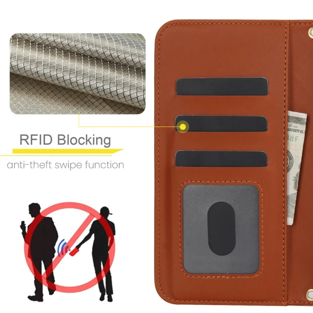 Premium iPhone Case RFID Blocking Wallet Crossbody Flip Cover PU Leather Card Holder Magnetic Closure Shockproof Protection Adjustable Strap Full Coverage
