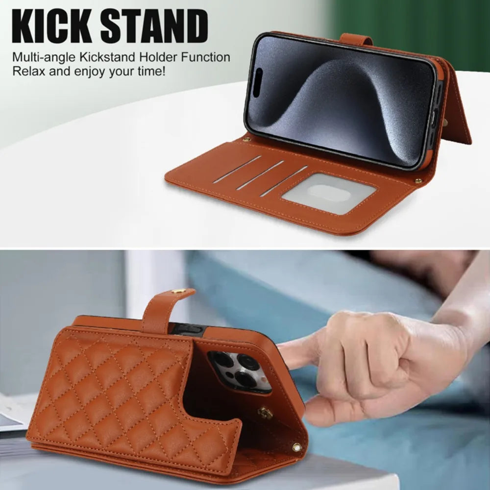 Premium iPhone Case RFID Blocking Wallet Crossbody Flip Cover PU Leather Card Holder Magnetic Closure Shockproof Protection Adjustable Strap Full Coverage