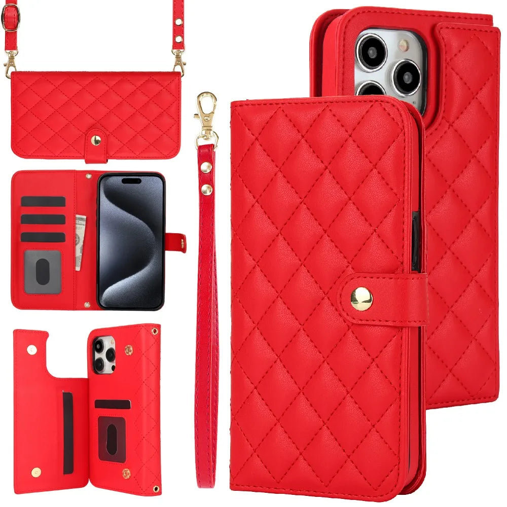 Premium iPhone Case RFID Blocking Wallet Crossbody Flip Cover PU Leather Card Holder Magnetic Closure Shockproof Protection Adjustable Strap Full Coverage