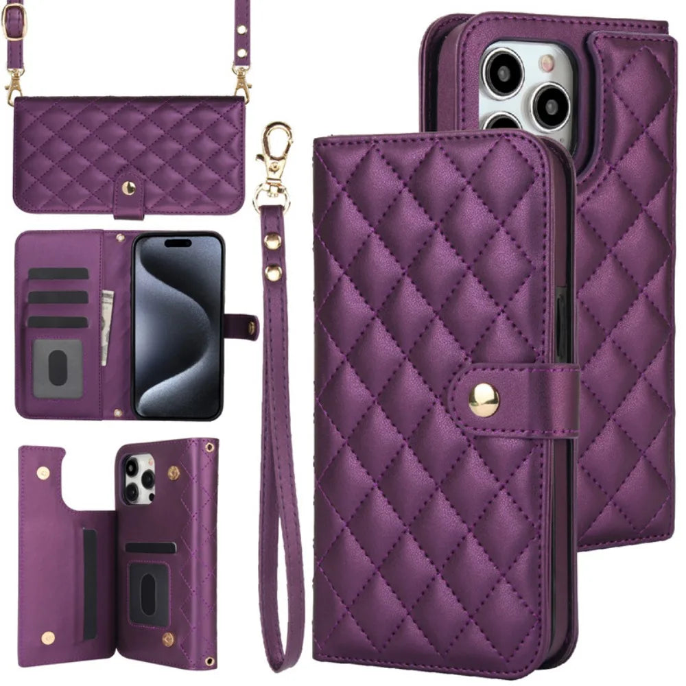 Premium iPhone Case RFID Blocking Wallet Crossbody Flip Cover PU Leather Card Holder Magnetic Closure Shockproof Protection Adjustable Strap Full Coverage