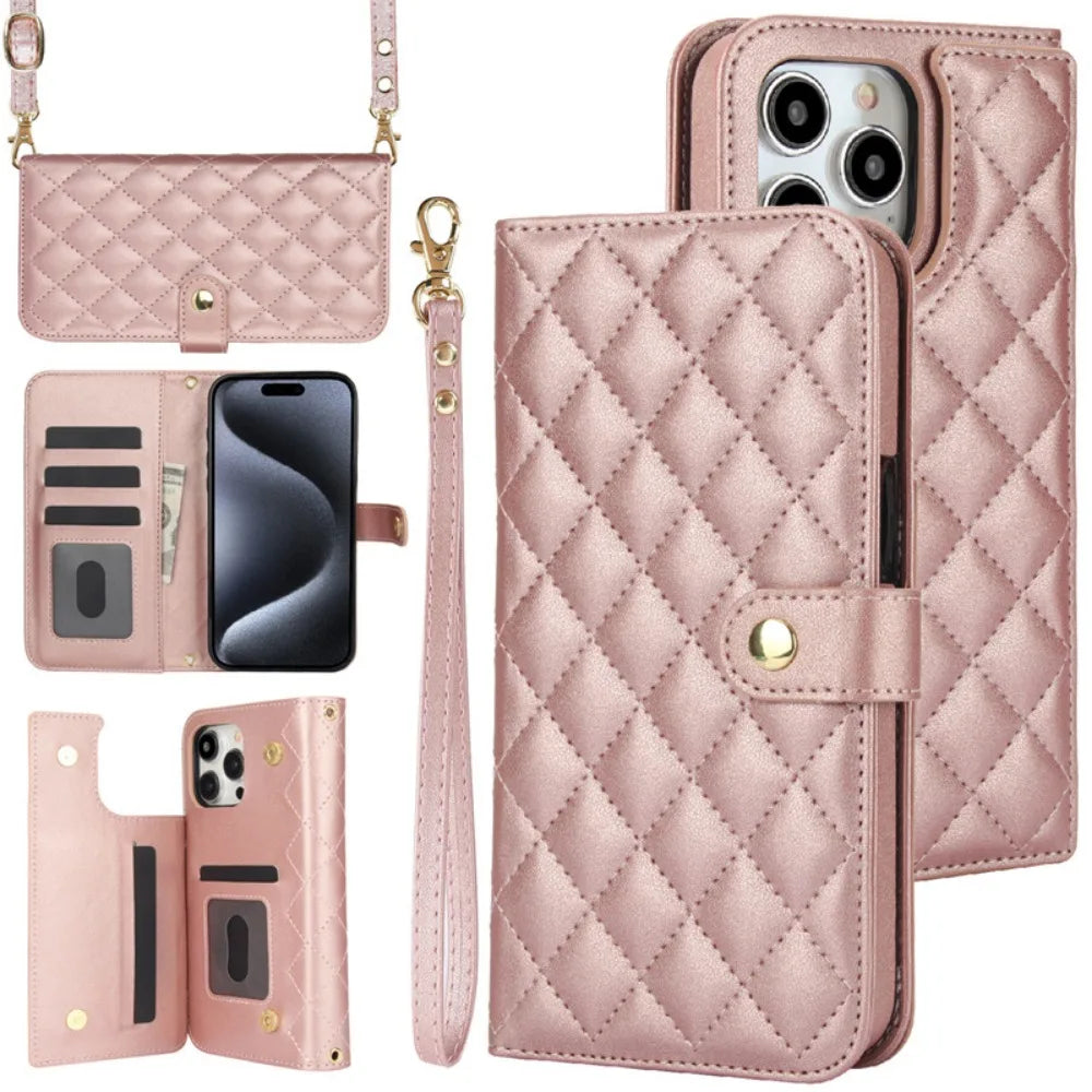 Premium iPhone Case RFID Blocking Wallet Crossbody Flip Cover PU Leather Card Holder Magnetic Closure Shockproof Protection Adjustable Strap Full Coverage