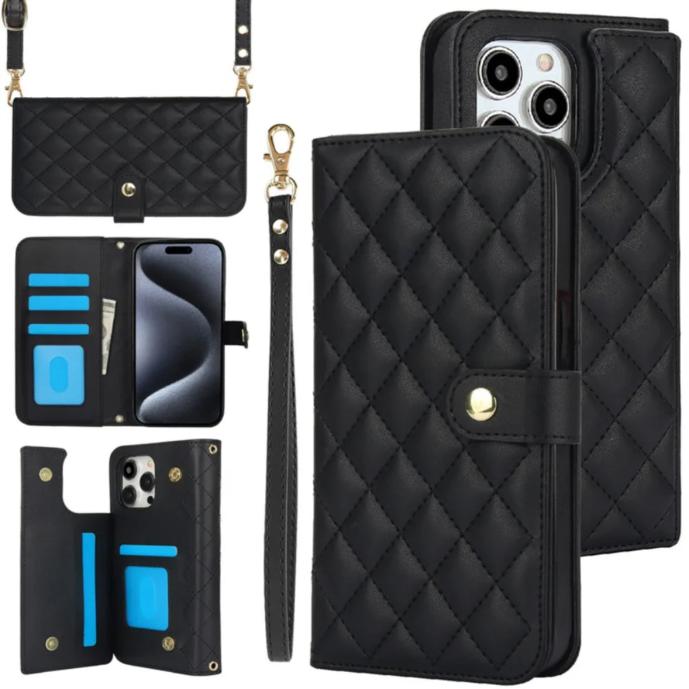 Premium iPhone Case RFID Blocking Wallet Crossbody Flip Cover PU Leather Card Holder Magnetic Closure Shockproof Protection Adjustable Strap Full Coverage