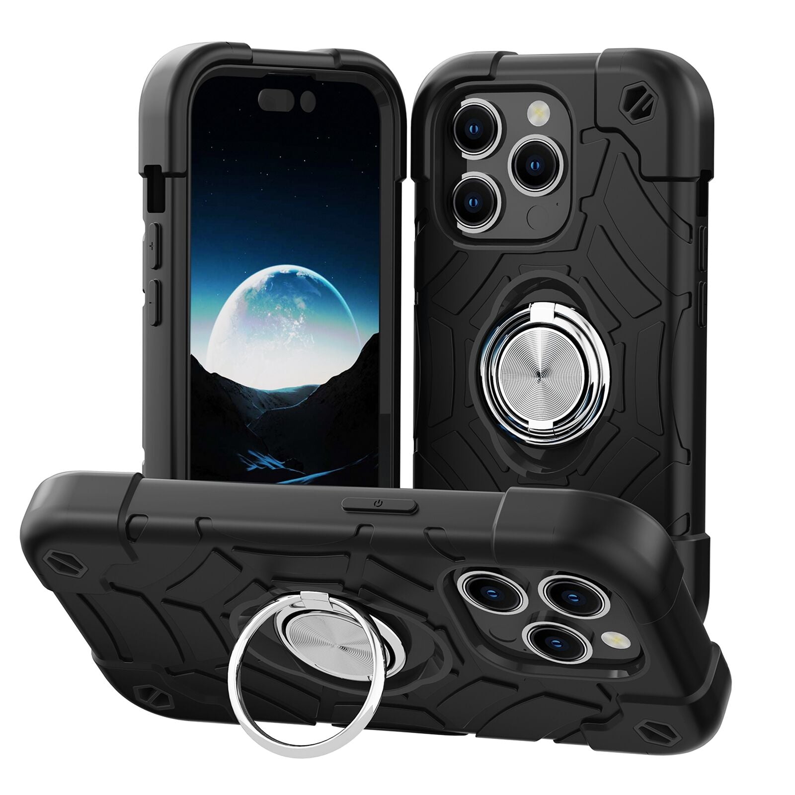 Premium iPhone Case Rugged Military Grade Protective Cover Dual Layer Shockproof Armor Kickstand Ring Holder Anti Slip Grip Full Protection