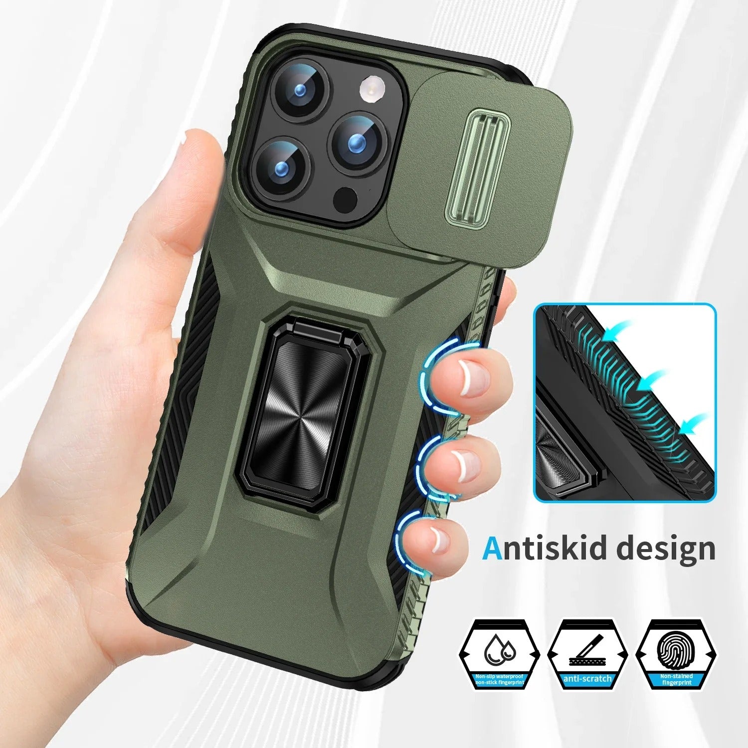 Premium iPhone Case Shockproof Protective Cover All Around Protection Sliding Camera Lens Guard Rotary Stand Anti Slip Grip Durable Design