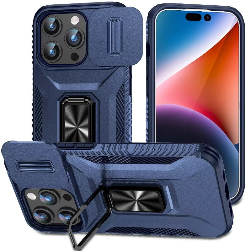 Premium iPhone Case Shockproof Protective Cover All Around Protection Sliding Camera Lens Guard Rotary Stand Anti Slip Grip Durable Design