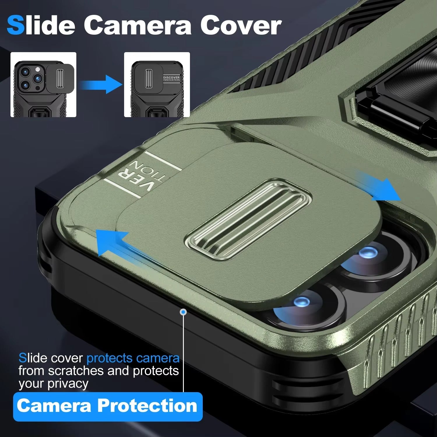Premium iPhone Case Shockproof Protective Cover All Around Protection Sliding Camera Lens Guard Rotary Stand Anti Slip Grip Durable Design