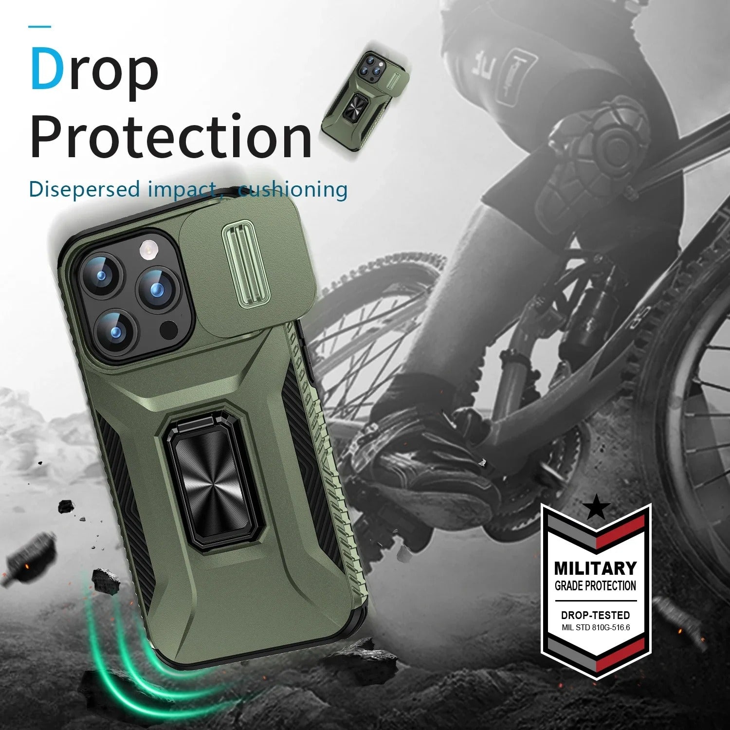 Premium iPhone Case Shockproof Protective Cover All Around Protection Sliding Camera Lens Guard Rotary Stand Anti Slip Grip Durable Design