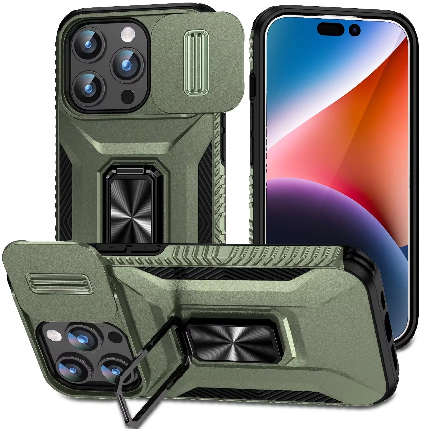 Premium iPhone Case Shockproof Protective Cover All Around Protection Sliding Camera Lens Guard Rotary Stand Anti Slip Grip Durable Design