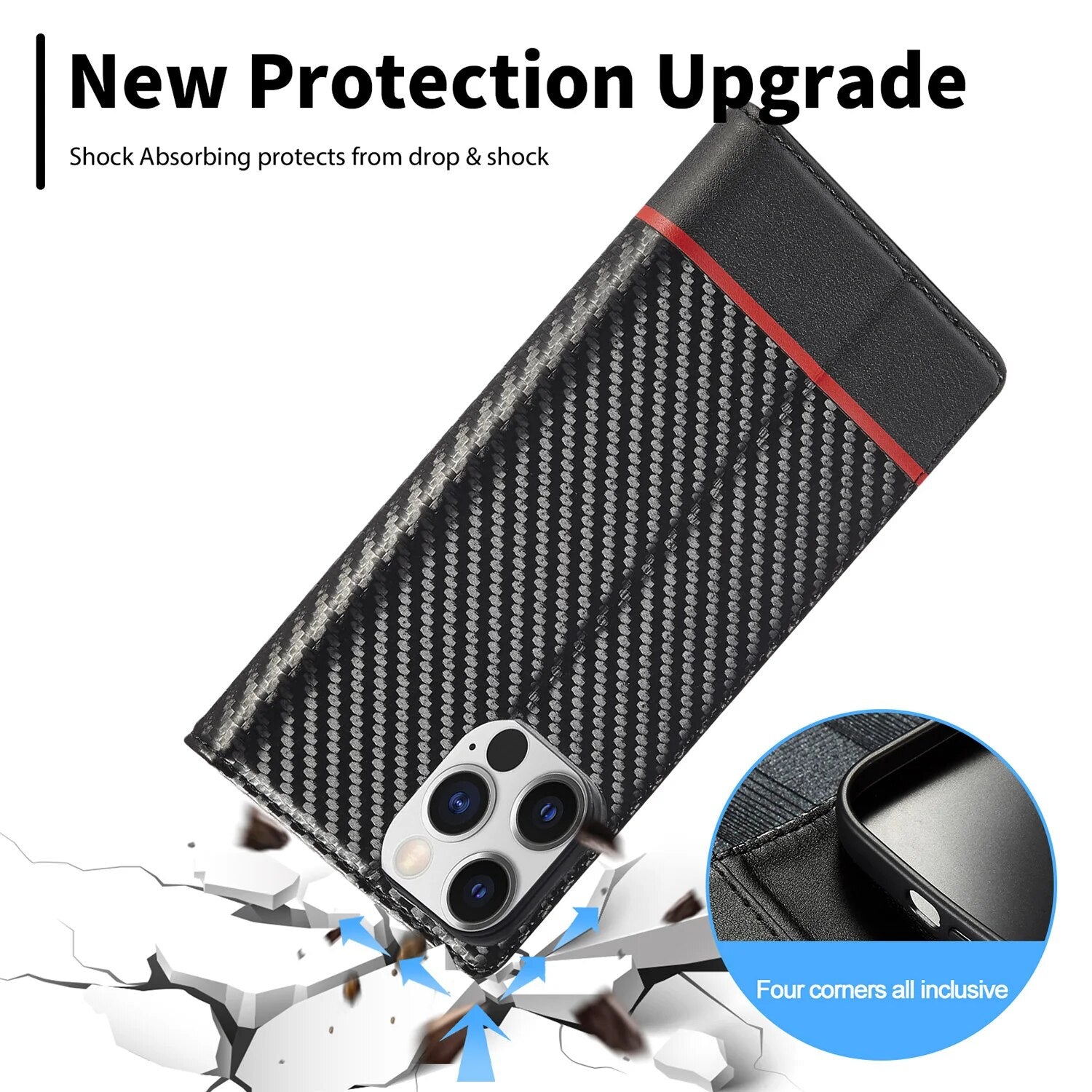 Premium iPhone Case Wallet MagSafe Compatible Carbon Fiber Leather Flip Cover Shockproof Protective Card Holder Stand Function Camera Lens Protection Slim Design
