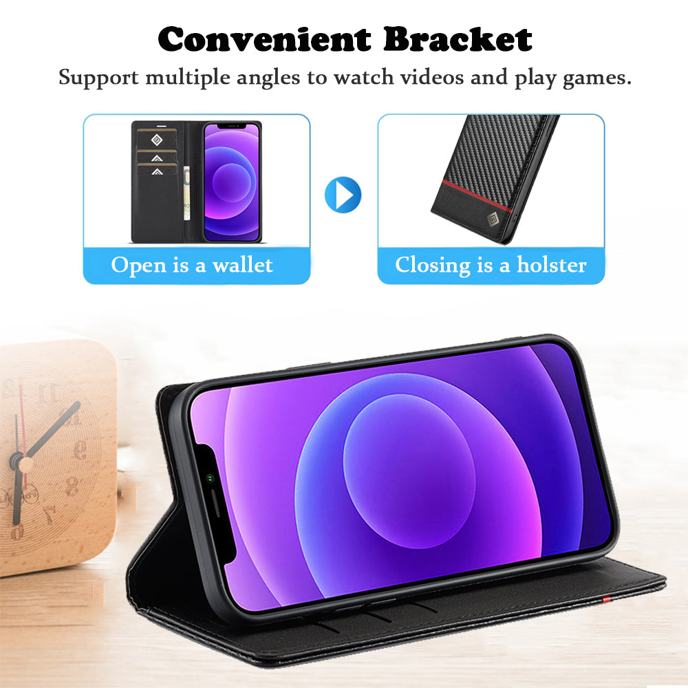 Premium iPhone Case Wallet MagSafe Compatible Carbon Fiber Leather Flip Cover Shockproof Protective Card Holder Stand Function Camera Lens Protection Slim Design