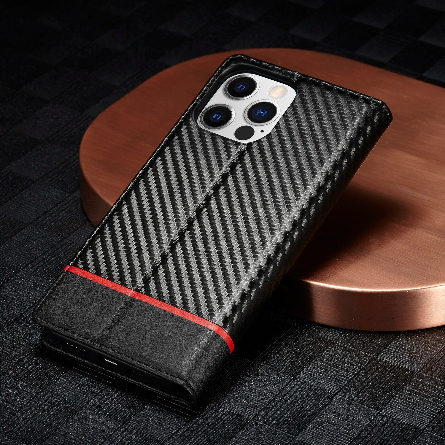 Premium iPhone Case Wallet MagSafe Compatible Carbon Fiber Leather Flip Cover Shockproof Protective Card Holder Stand Function Camera Lens Protection Slim Design