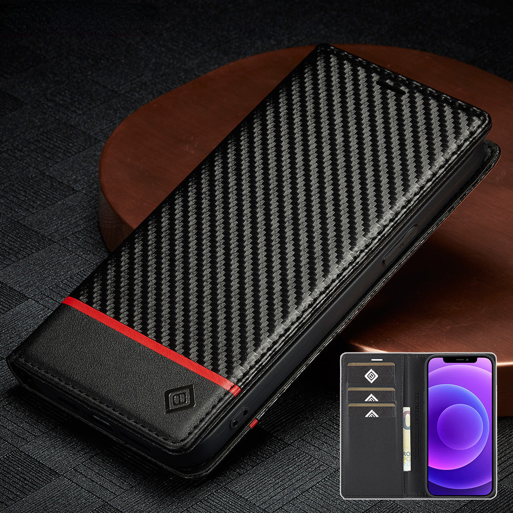 Premium iPhone Case Wallet MagSafe Compatible Carbon Fiber Leather Flip Cover Shockproof Protective Card Holder Stand Function Camera Lens Protection Slim Design