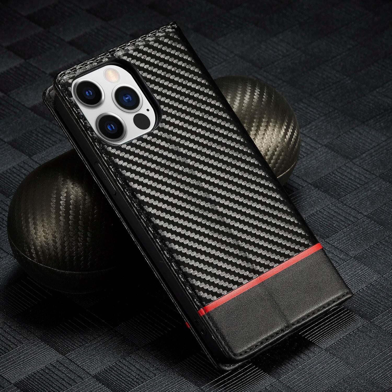 Premium iPhone Case Wallet MagSafe Compatible Carbon Fiber Leather Flip Cover Shockproof Protective Card Holder Stand Function Camera Lens Protection Slim Design