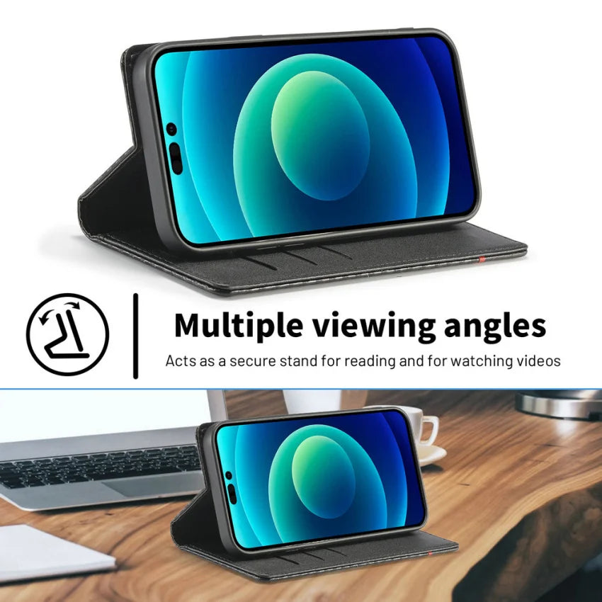 Premium iPhone Case Wallet MagSafe Compatible Carbon Fiber Leather Flip Cover Shockproof Protective Card Holder Stand Function Camera Lens Protection Slim Design