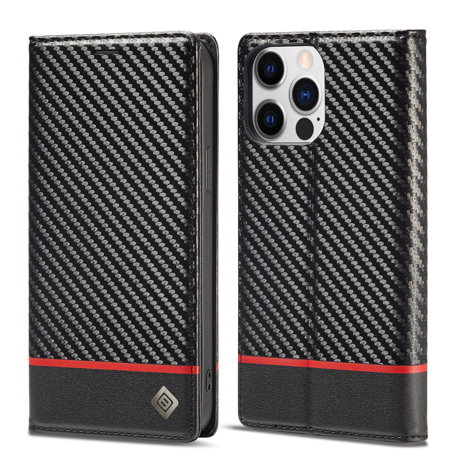 Premium iPhone Case Wallet MagSafe Compatible Carbon Fiber Leather Flip Cover Shockproof Protective Card Holder Stand Function Camera Lens Protection Slim Design