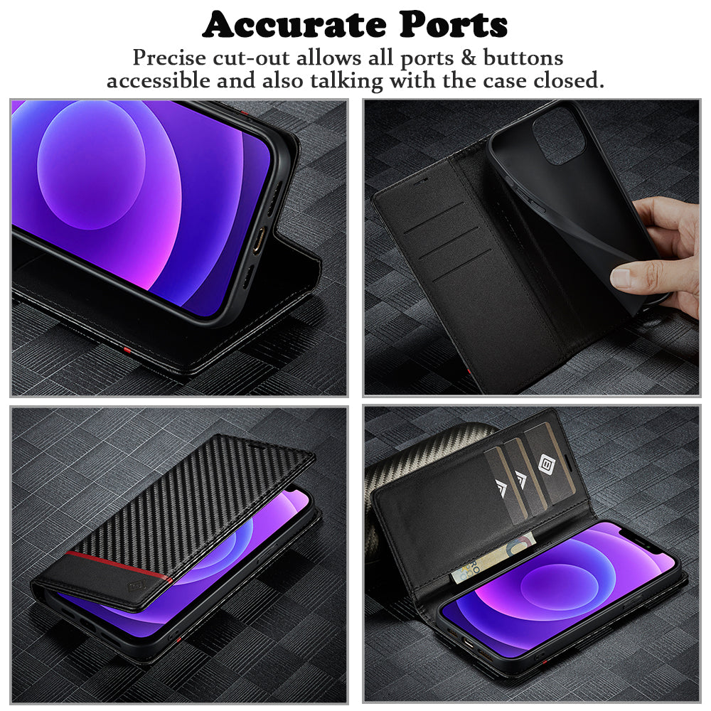 Premium iPhone Case Wallet MagSafe Compatible Carbon Fiber Leather Flip Cover Shockproof Protective Card Holder Stand Function Camera Lens Protection Slim Design