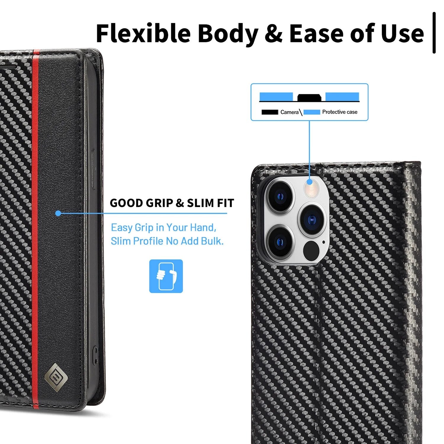 Premium iPhone Case Wallet MagSafe Compatible Carbon Fiber Leather Flip Cover Shockproof Protective Card Holder Stand Function Camera Lens Protection Slim Design