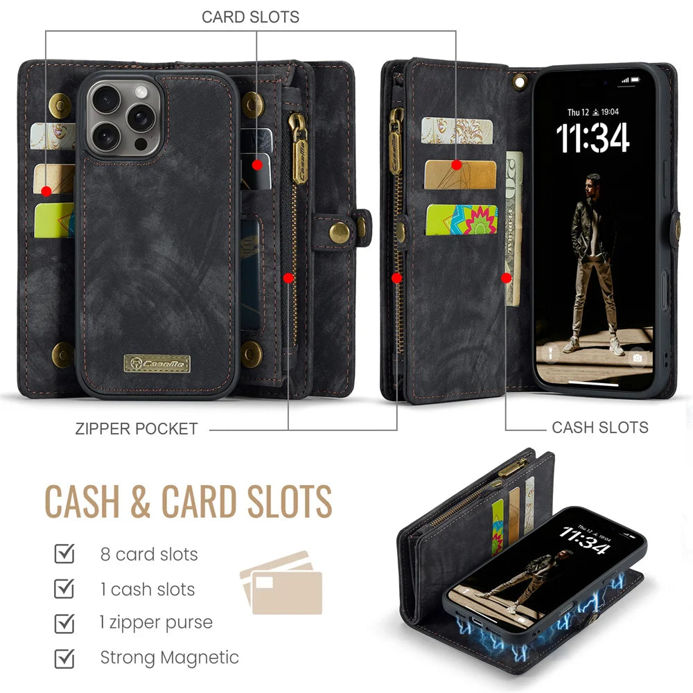 Premium iPhone Case Wallet MagSafe Compatible Detachable Leather Flip Stand Shockproof Protective Cover Card Holder Camera Lens Protection Slim Design