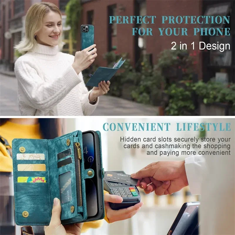 Premium iPhone Case Wallet MagSafe Compatible Detachable Leather Flip Stand Shockproof Protective Cover Card Holder Camera Lens Protection Slim Design