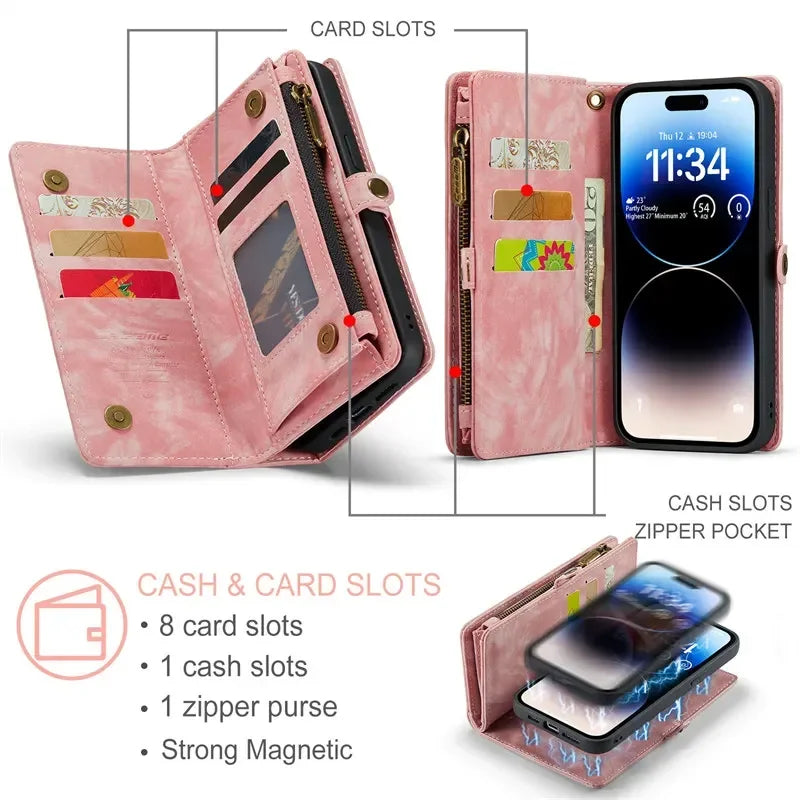Premium iPhone Case Wallet MagSafe Compatible Detachable Leather Flip Stand Shockproof Protective Cover Card Holder Camera Lens Protection Slim Design