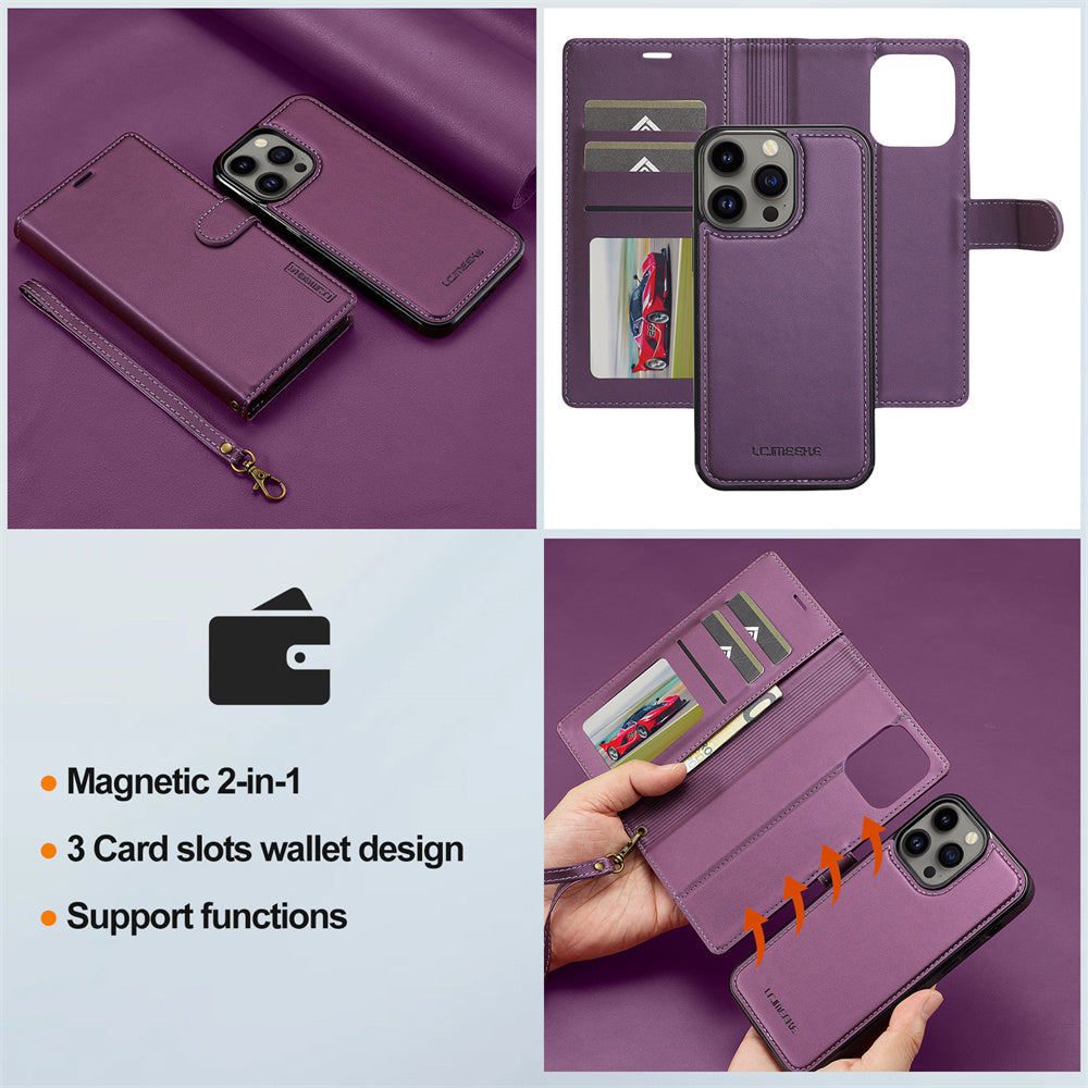 Premium iPhone Case Wallet MagSafe Compatible Detachable Leather Flip Stand Shockproof Protective Cover Card Holder Camera Lens Protection Slim Design