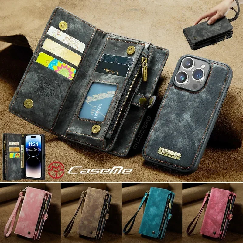 Premium iPhone Case Wallet MagSafe Compatible Detachable Leather Flip Stand Shockproof Protective Cover Card Holder Camera Lens Protection Slim Design
