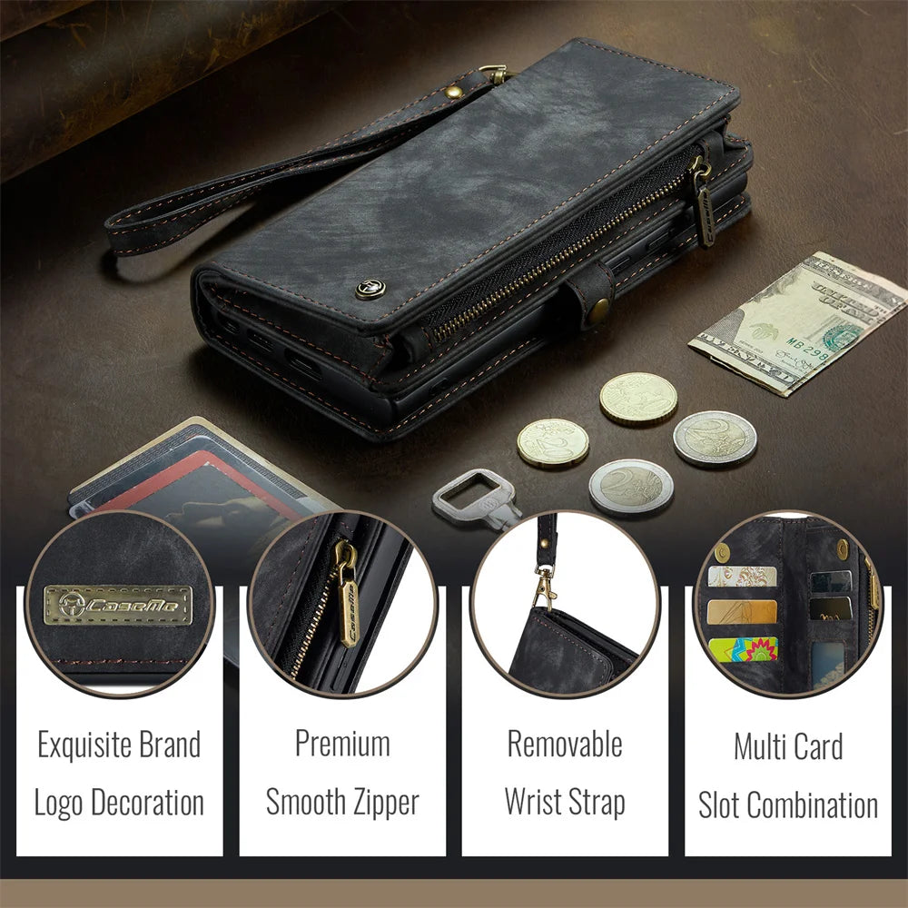 Premium iPhone Case Wallet MagSafe Compatible Detachable Leather Flip Stand Shockproof Protective Cover Card Holder Camera Lens Protection Slim Design