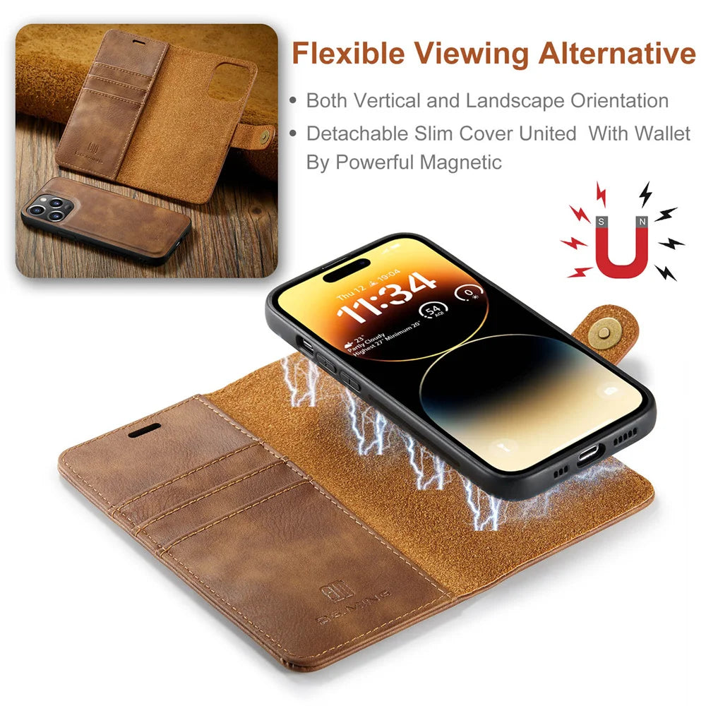 Premium iPhone Case Wallet MagSafe Compatible Detachable Magnetic Leather Shockproof Protective Cover Card Holder Camera Lens Protection Slim Design