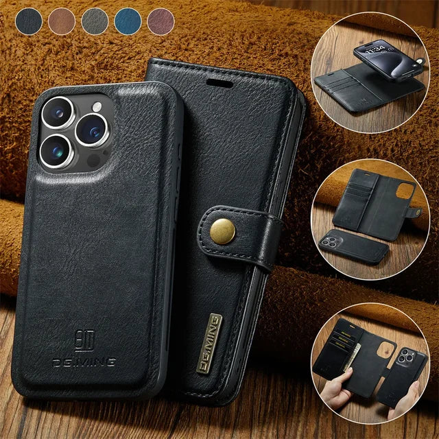 Premium iPhone Case Wallet MagSafe Compatible Detachable Magnetic Leather Shockproof Protective Cover Card Holder Camera Lens Protection Slim Design