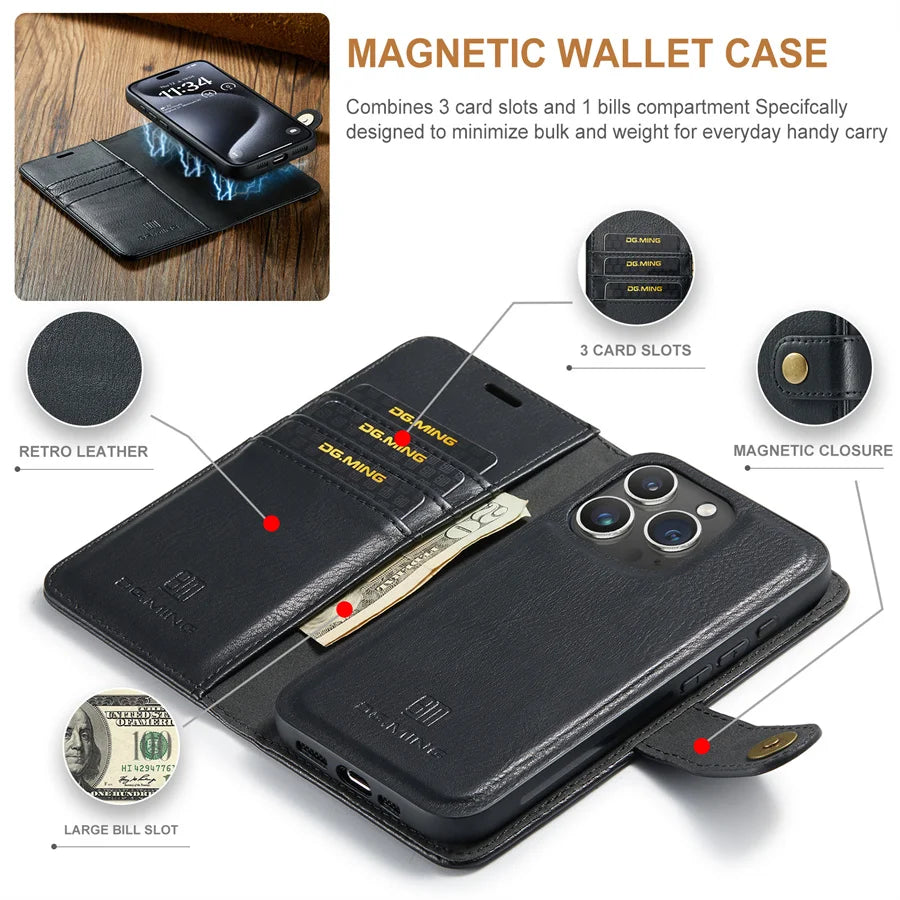 Premium iPhone Case Wallet MagSafe Compatible Detachable Magnetic Leather Shockproof Protective Cover Card Holder Camera Lens Protection Slim Design