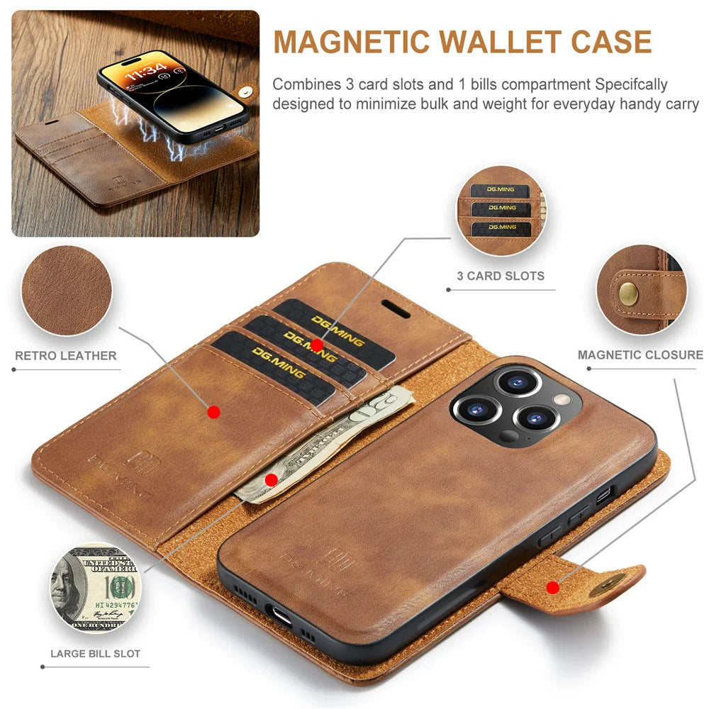 Premium iPhone Case Wallet MagSafe Compatible Detachable Magnetic Leather Shockproof Protective Cover Card Holder Camera Lens Protection Slim Design