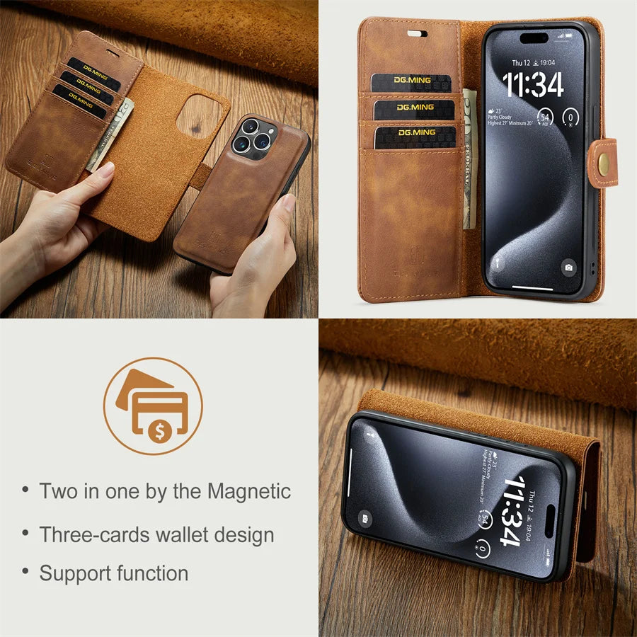 Premium iPhone Case Wallet MagSafe Compatible Detachable Magnetic Leather Shockproof Protective Cover Card Holder Camera Lens Protection Slim Design