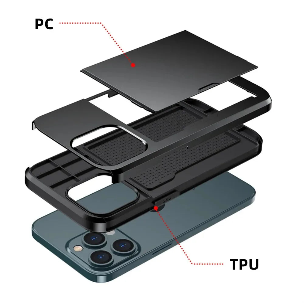 Premium iPhone Case Wallet MagSafe Compatible Dual Layer Slider Card Holder Shockproof Protective Cover Camera Lens Protection Slim Design
