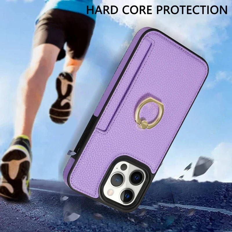 Premium iPhone Case Wallet MagSafe Compatible Leather Card Holder Ring Stand Shockproof Protective Cover Camera Lens Protection Slim Design