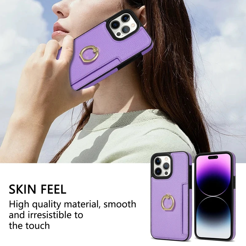 Premium iPhone Case Wallet MagSafe Compatible Leather Card Holder Ring Stand Shockproof Protective Cover Camera Lens Protection Slim Design