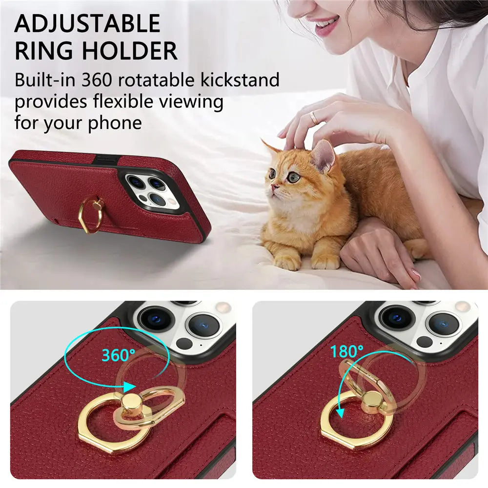 Premium iPhone Case Wallet MagSafe Compatible Leather Card Holder Ring Stand Shockproof Protective Cover Camera Lens Protection Slim Design