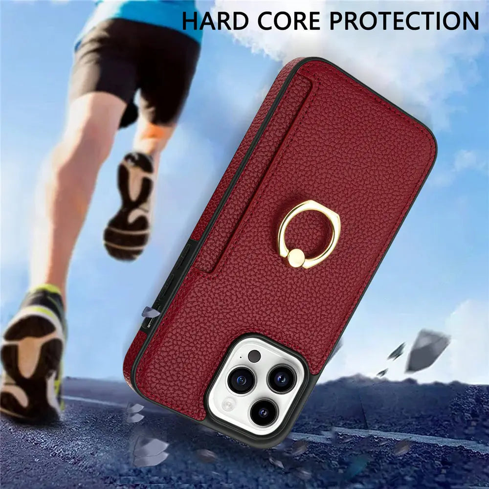 Premium iPhone Case Wallet MagSafe Compatible Leather Card Holder Ring Stand Shockproof Protective Cover Camera Lens Protection Slim Design
