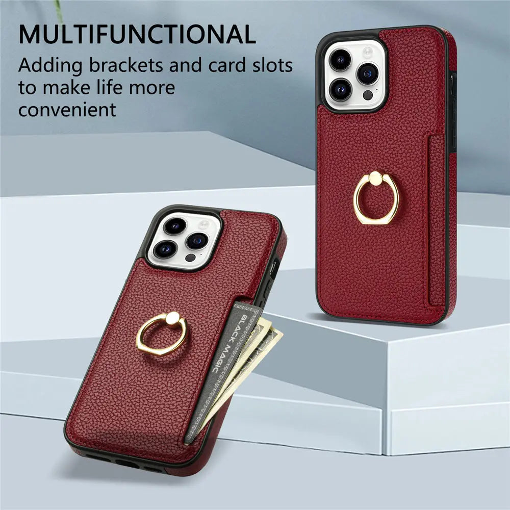 Premium iPhone Case Wallet MagSafe Compatible Leather Card Holder Ring Stand Shockproof Protective Cover Camera Lens Protection Slim Design