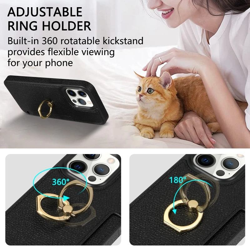 Premium iPhone Case Wallet MagSafe Compatible Leather Card Holder Ring Stand Shockproof Protective Cover Camera Lens Protection Slim Design
