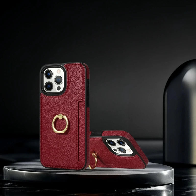 Premium iPhone Case Wallet MagSafe Compatible Leather Card Holder Ring Stand Shockproof Protective Cover Camera Lens Protection Slim Design
