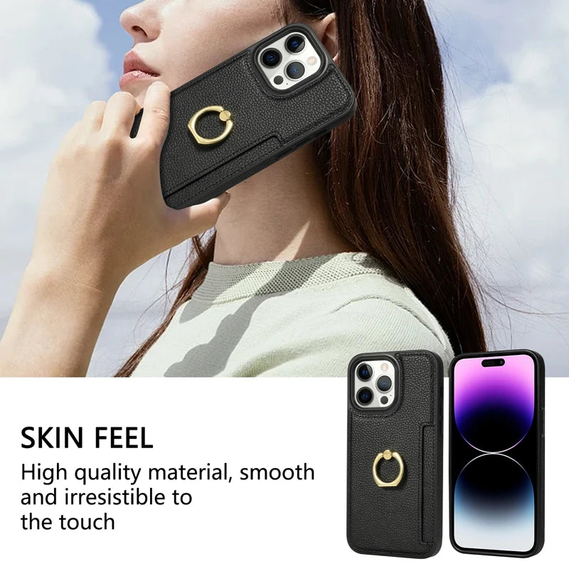 Premium iPhone Case Wallet MagSafe Compatible Leather Card Holder Ring Stand Shockproof Protective Cover Camera Lens Protection Slim Design