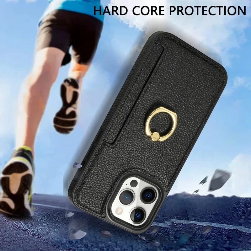 Premium iPhone Case Wallet MagSafe Compatible Leather Card Holder Ring Stand Shockproof Protective Cover Camera Lens Protection Slim Design