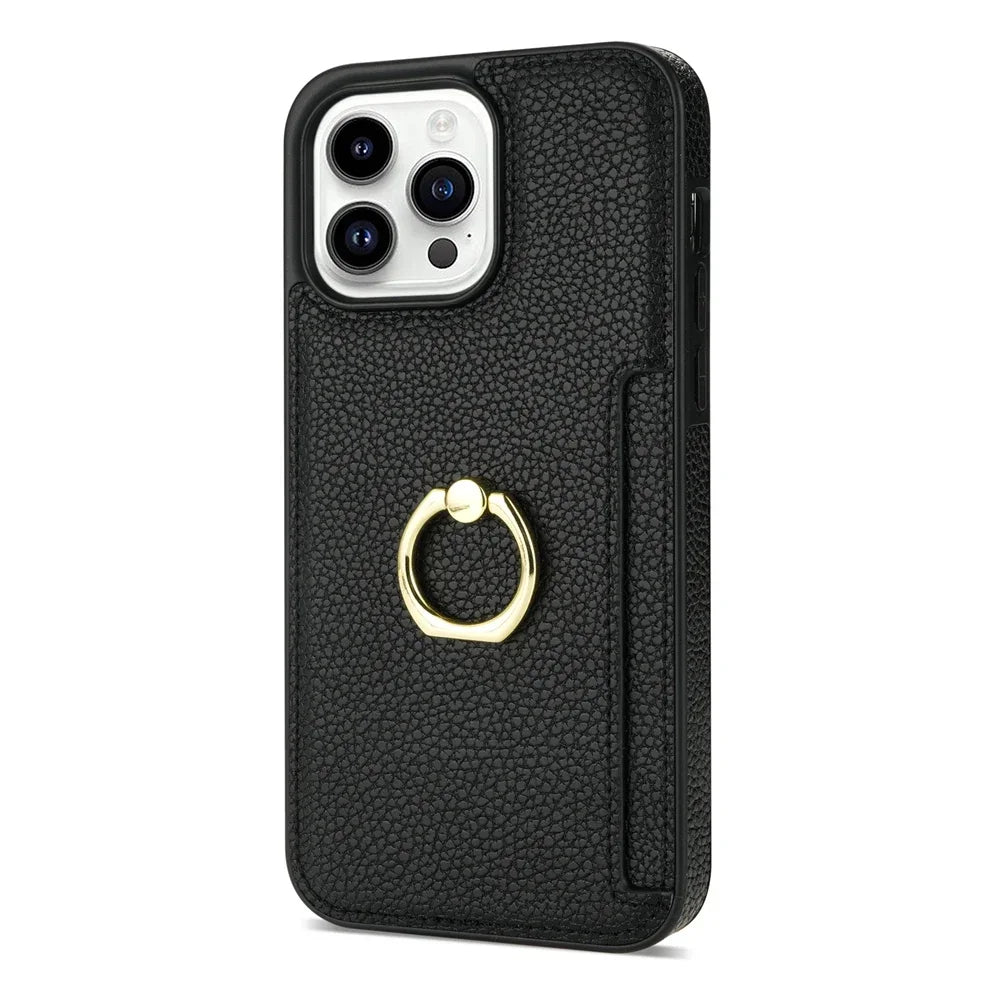 Premium iPhone Case Wallet MagSafe Compatible Leather Card Holder Ring Stand Shockproof Protective Cover Camera Lens Protection Slim Design