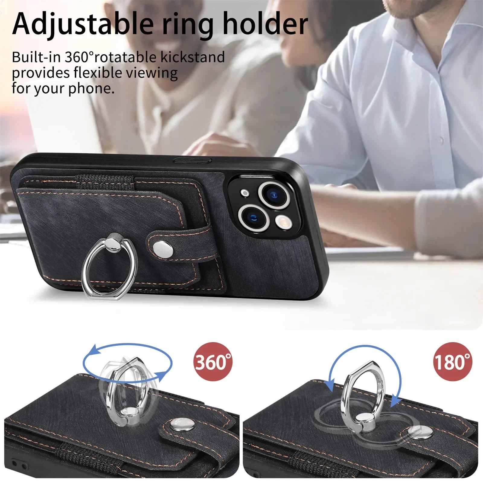 Premium iPhone Case Wallet MagSafe Compatible Leather Vertical Card Holder Ring Stand Shockproof Protective Cover Camera Lens Protection Slim Design