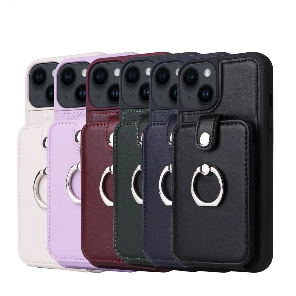 Premium iPhone Case Wallet MagSafe Compatible Leather Vertical Card Holder Ring Stand Shockproof Protective Cover Camera Lens Protection Slim Design