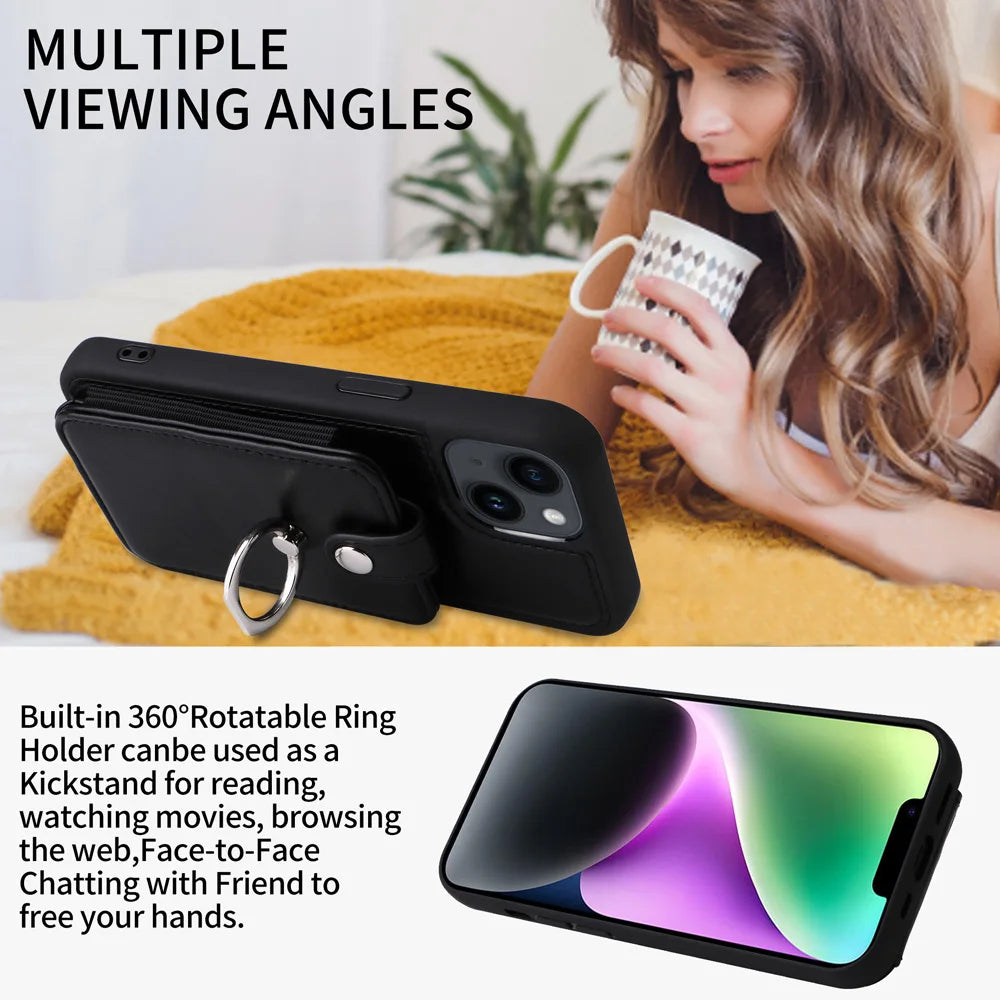 Premium iPhone Case Wallet MagSafe Compatible Leather Vertical Card Holder Ring Stand Shockproof Protective Cover Camera Lens Protection Slim Design