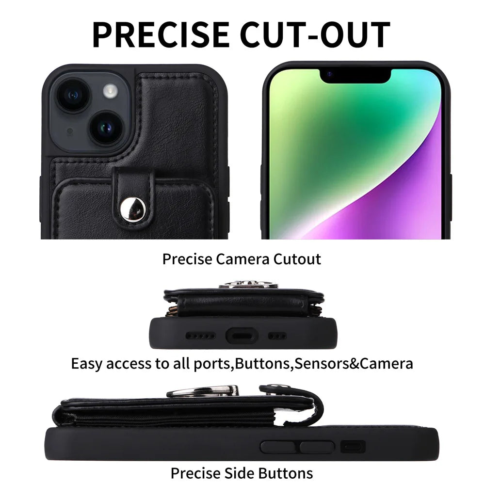 Premium iPhone Case Wallet MagSafe Compatible Leather Vertical Card Holder Ring Stand Shockproof Protective Cover Camera Lens Protection Slim Design