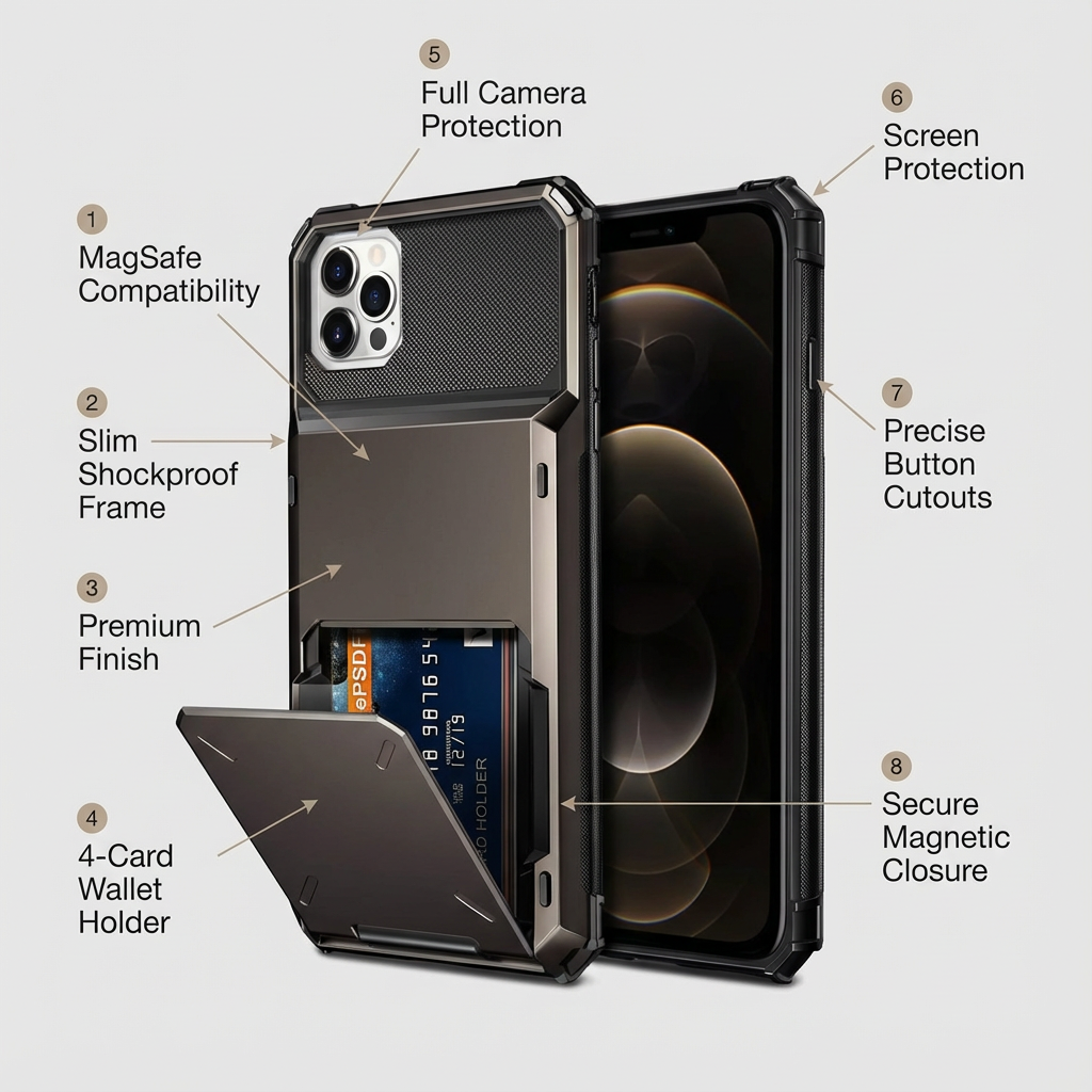 Premium iPhone Case Wallet MagSafe Compatible Magnetic Shockproof Protective Cover 4 Card Holder Camera Lens Protection Slim Design