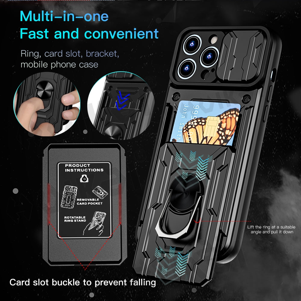 Premium iPhone Case Wallet MagSafe Compatible Silicone Card Holder Ring Stand Shockproof Protective Cover Camera Lens Protection Slim Design